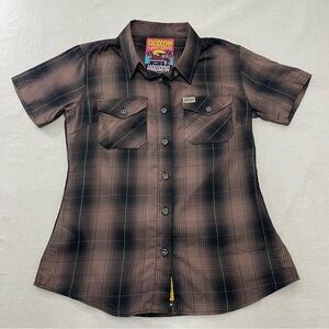 DIXXON Shirt Women Small Button Up Plaid Havana Brown Bambo Blend Casual Western